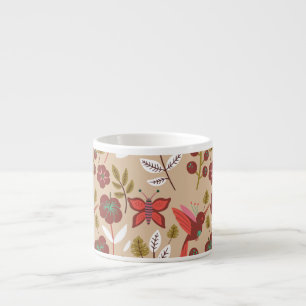 Floral seamless pattern flowers, birds, butterfly espresso cup