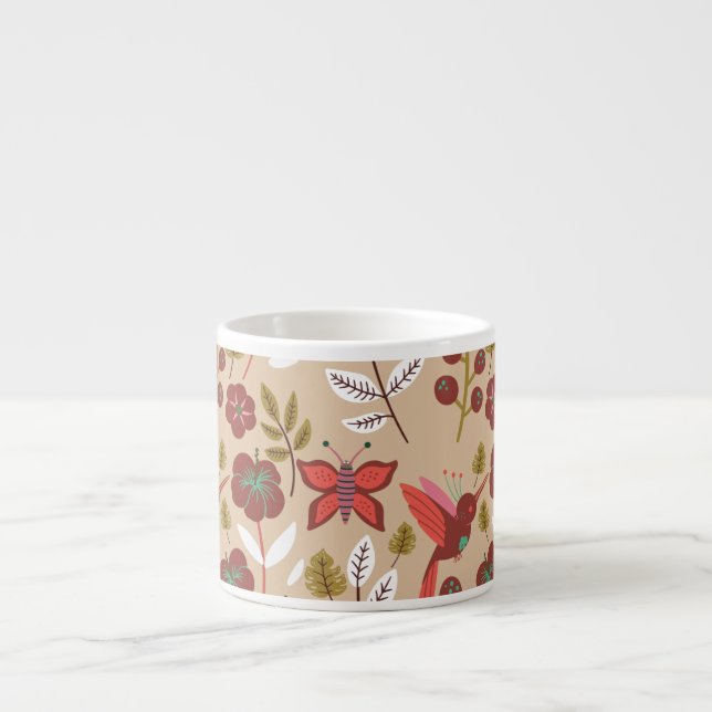 Floral seamless pattern flowers, birds, butterfly espresso cup (Front)