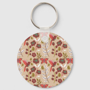 Floral seamless pattern flowers, birds, butterfly key ring