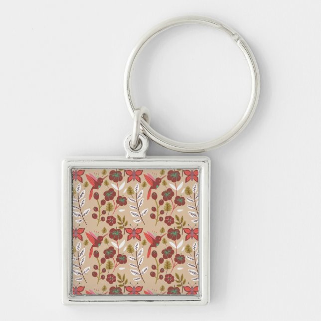 Floral seamless pattern flowers, birds, butterfly key ring (Front)