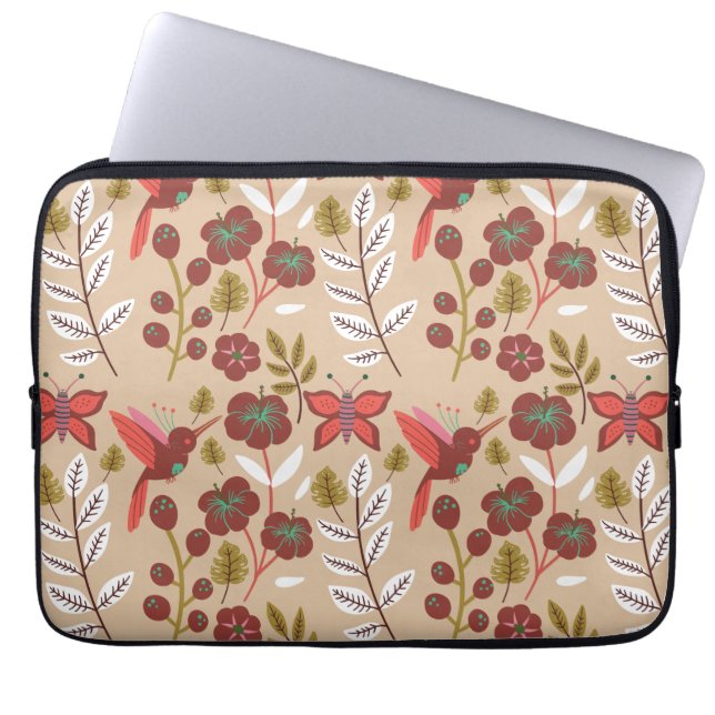 Floral seamless pattern flowers, birds, butterfly laptop sleeve (Front)