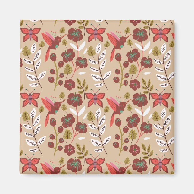 Floral seamless pattern flowers, birds, butterfly magnet (Front)