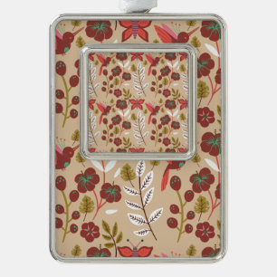 Floral seamless pattern flowers, birds, butterfly silver plated framed ornament
