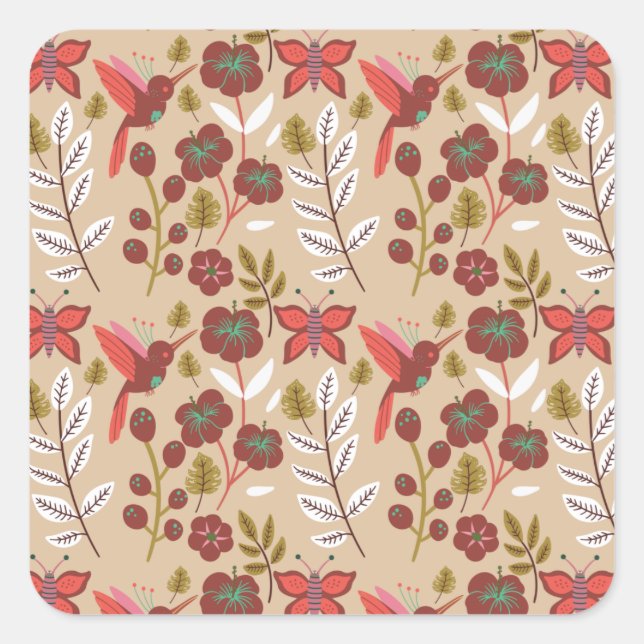 Floral seamless pattern flowers, birds, butterfly square sticker (Front)