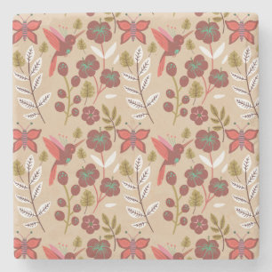Floral seamless pattern flowers, birds, butterfly stone coaster