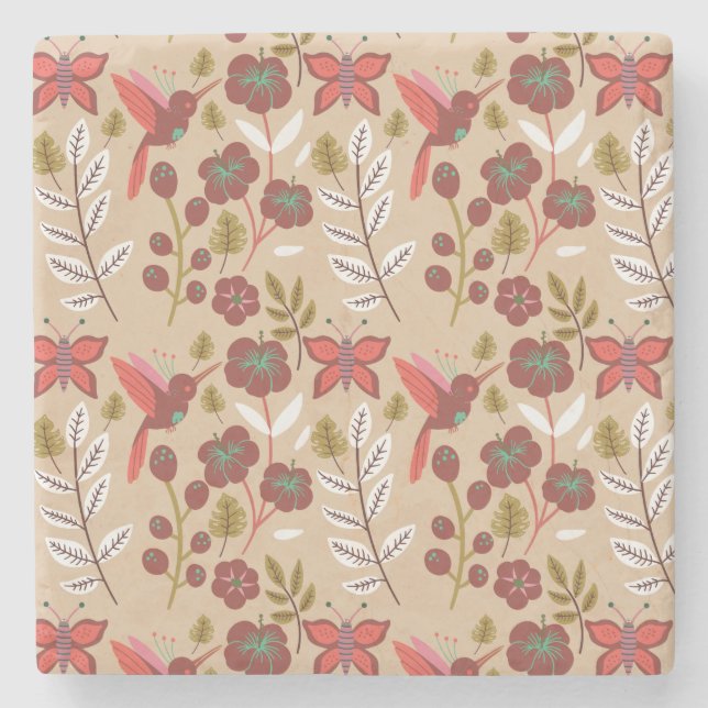 Floral seamless pattern flowers, birds, butterfly stone coaster (Front)