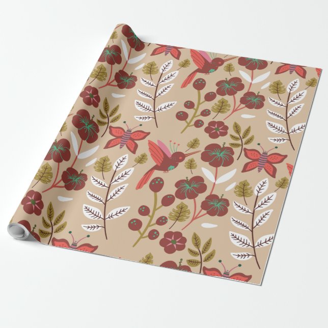 Floral seamless pattern flowers, birds, butterfly wrapping paper (Unrolled)