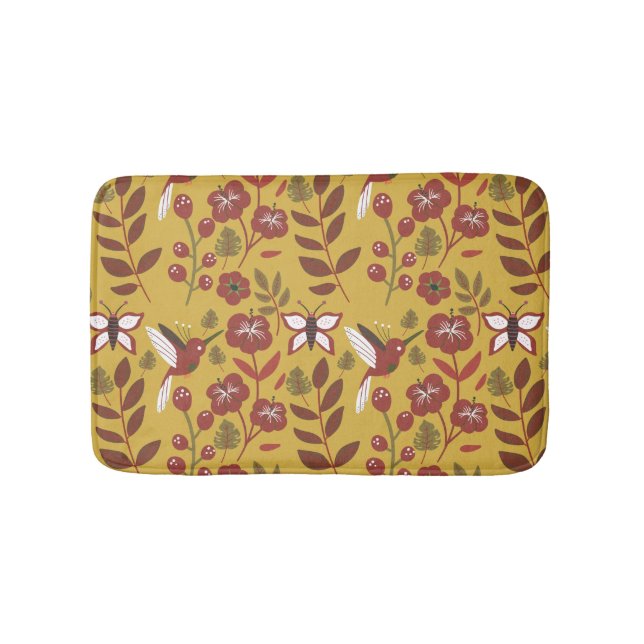 Floral seamless pattern flowers, butterfly, red bath mat (Front)