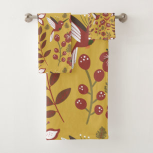 Floral seamless pattern flowers, butterfly, red bath towel set