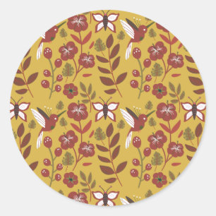 Floral seamless pattern flowers, butterfly, red classic round sticker