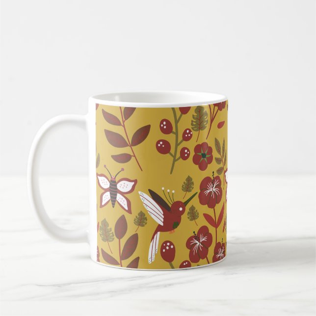 Floral seamless pattern flowers, butterfly, red coffee mug (Left)