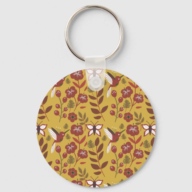 Floral seamless pattern flowers, butterfly, red key ring (Front)