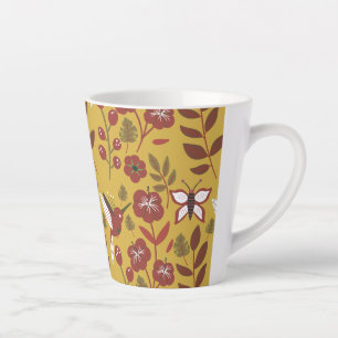 Floral seamless pattern flowers, butterfly, red latte mug