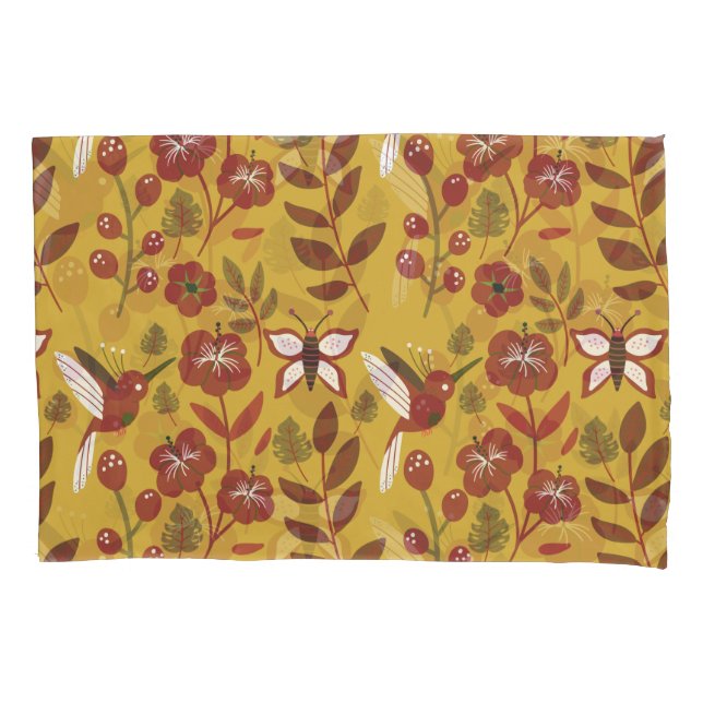Floral seamless pattern flowers, butterfly, red pillowcase (Front-Left)