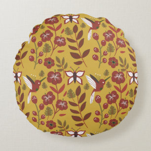 Floral seamless pattern flowers, butterfly, red round cushion
