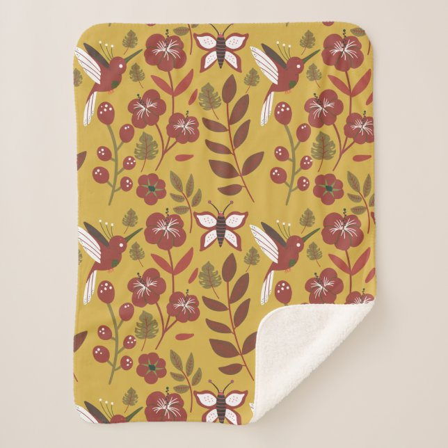 Floral seamless pattern flowers, butterfly, red sherpa blanket (Front)