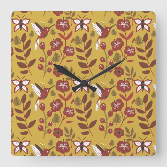 Floral seamless pattern flowers, butterfly, red square wall clock (Front)