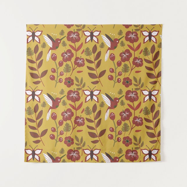 Floral seamless pattern flowers, butterfly, red tapestry (Front)