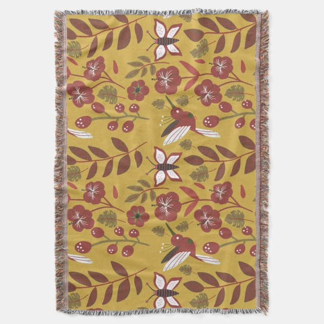 Floral seamless pattern flowers, butterfly, red throw blanket (Front Vertical)