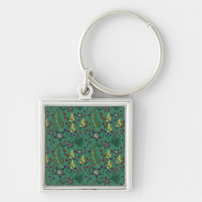 Floral seamless pattern flowers green background key ring (Front)