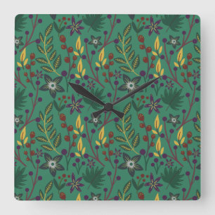 Floral seamless pattern flowers green background square wall clock