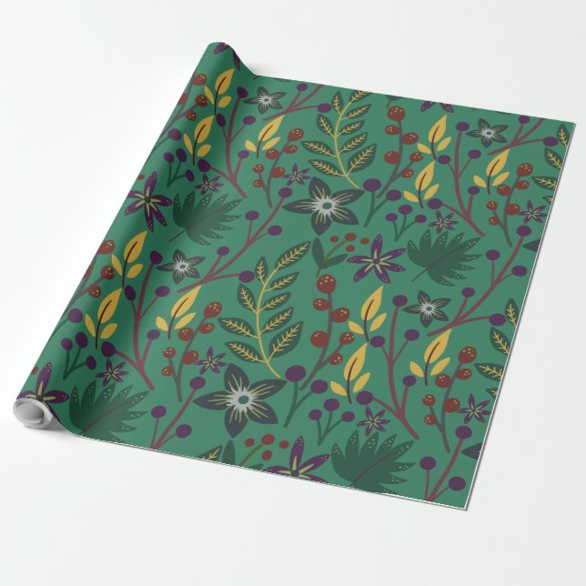 Floral seamless pattern flowers green background wrapping paper (Unrolled)