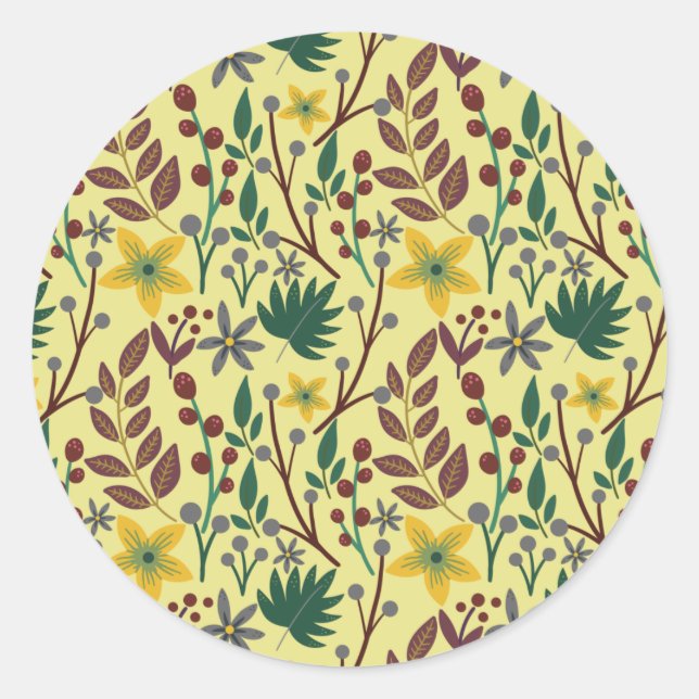 Floral seamless pattern flowers, leaves, branches classic round sticker (Front)
