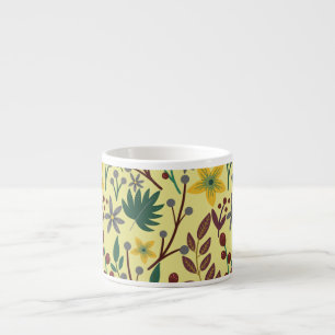 Floral seamless pattern flowers, leaves, branches espresso cup
