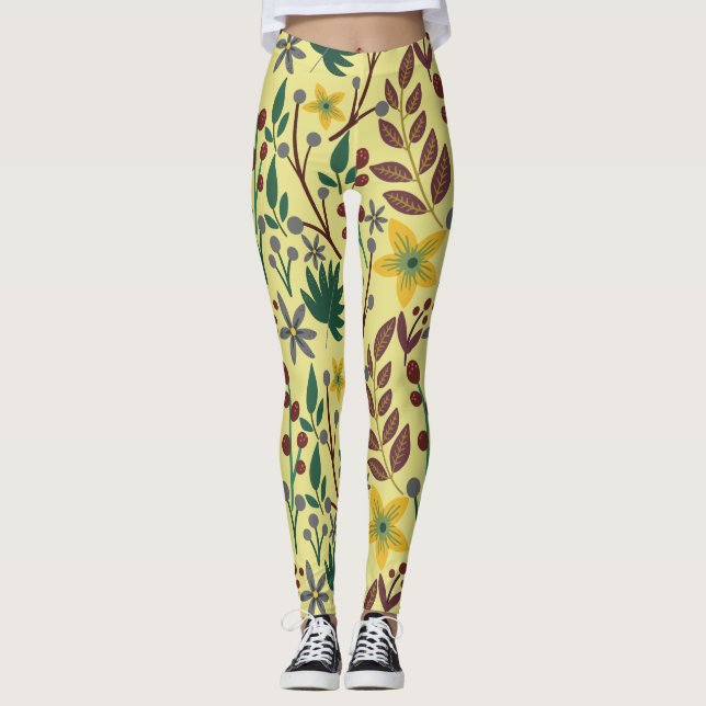 Floral seamless pattern flowers, leaves, branches leggings (Front)
