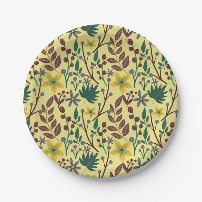 Floral seamless pattern flowers, leaves, branches paper plate (Front)