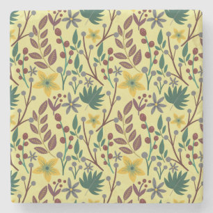 Floral seamless pattern flowers, leaves, branches stone coaster