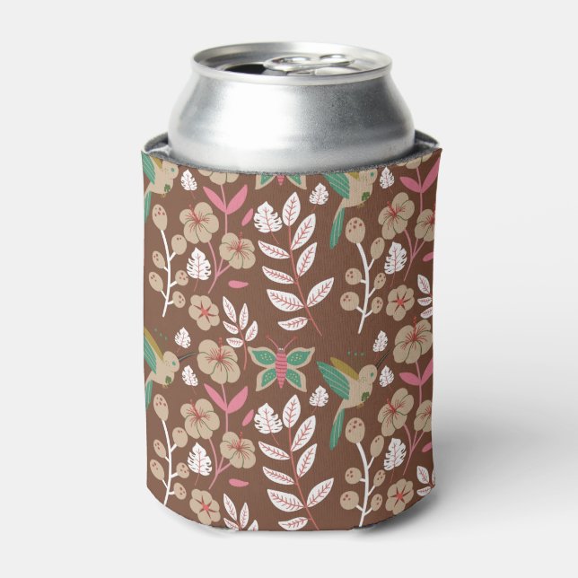 Floral seamless pattern flowers, leaves, butterfly can cooler (Can Front)