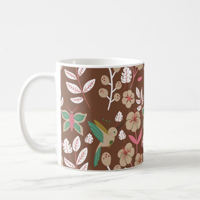 Floral seamless pattern flowers, leaves, butterfly coffee mug (Left)