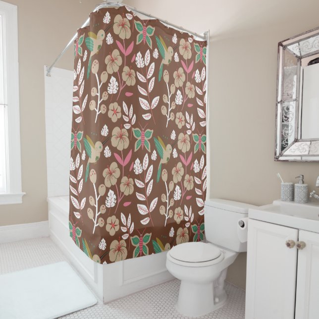 Floral seamless pattern flowers, leaves, butterfly shower curtain (In Situ)