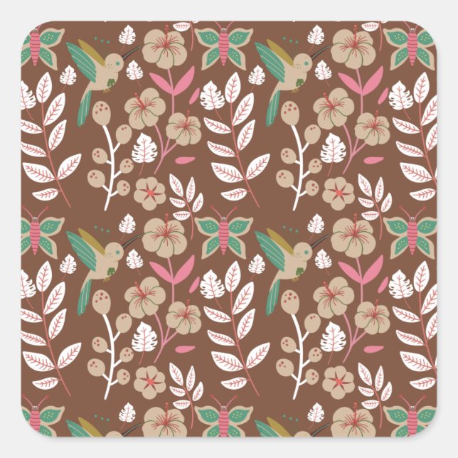 Floral seamless pattern flowers, leaves, butterfly square sticker (Front)