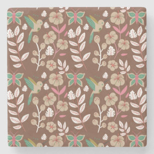 Floral seamless pattern flowers, leaves, butterfly stone coaster