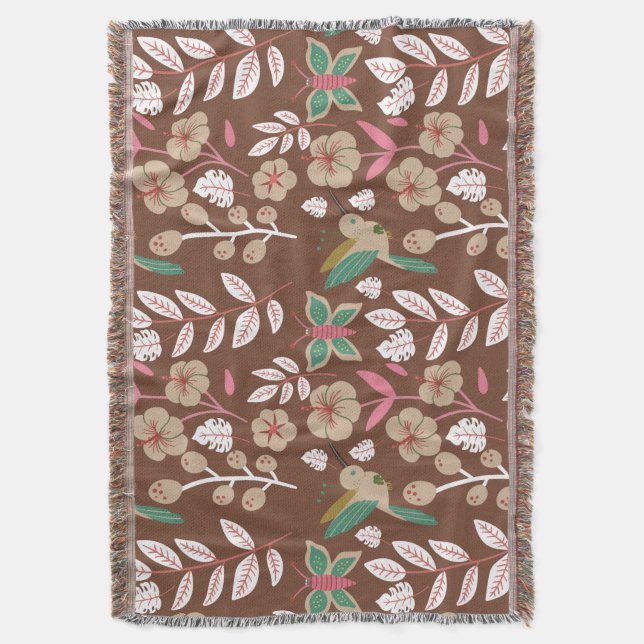 Floral seamless pattern flowers, leaves, butterfly throw blanket (Front Vertical)