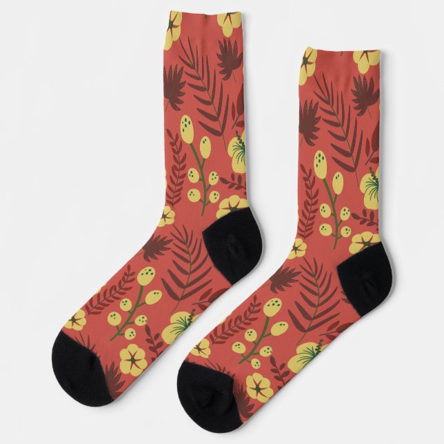 Floral seamless pattern flowers yellow and red jig socks (Left)