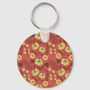 Floral seamless pattern flowers yellow and red key ring