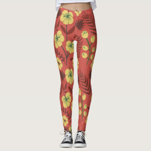 Floral seamless pattern flowers yellow and red leggings