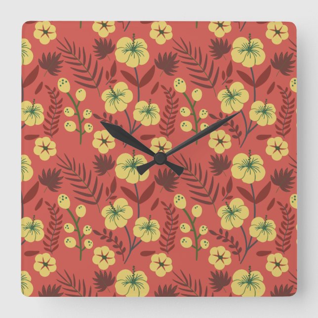 Floral seamless pattern flowers yellow and red square wall clock (Front)