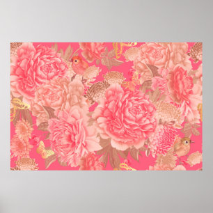 Floral seamless pattern. Garden flowers pink peoni Poster