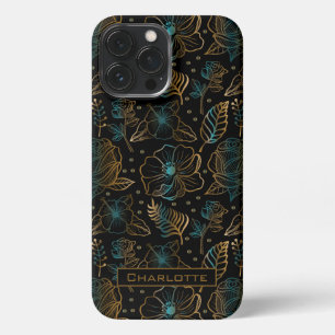 Floral seamless pattern gold personalised name iPhone 13 pro max case