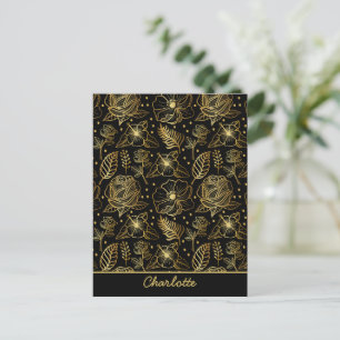 Floral seamless pattern gold personalised name  postcard