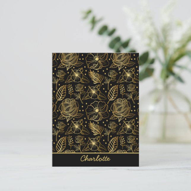 Floral seamless pattern gold personalised name  postcard (Standing Front)