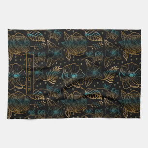 Floral seamless pattern gold personalised name tea towel