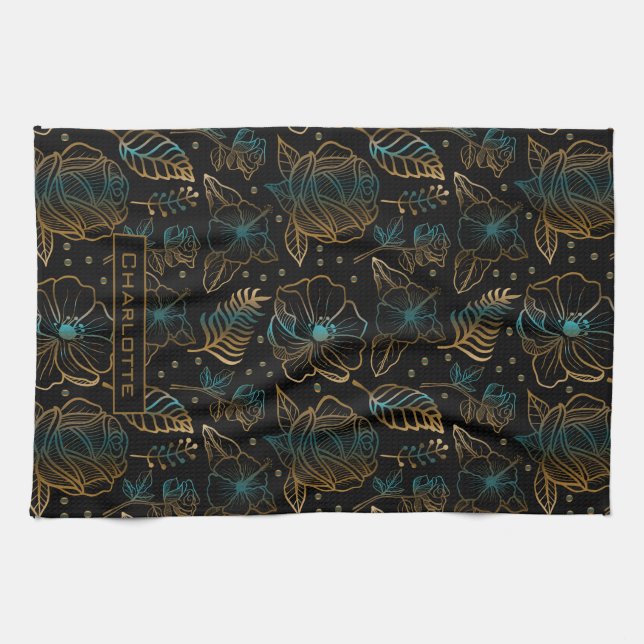 Floral seamless pattern gold personalised name tea towel (Horizontal)