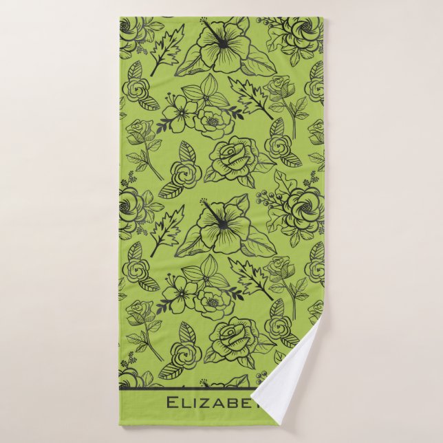 Floral seamless pattern green bg personalised name bath towel (Bath Towel)