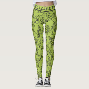 Floral seamless pattern green bg personalised name leggings