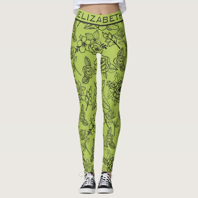 Floral seamless pattern green bg personalised name leggings (Front)
